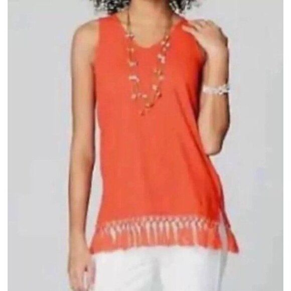 J Jill Zinnia Orange Linen Blend Tassel Fringe V-Neck Tank Top Sz S Boho Western - Picture 1 of 10